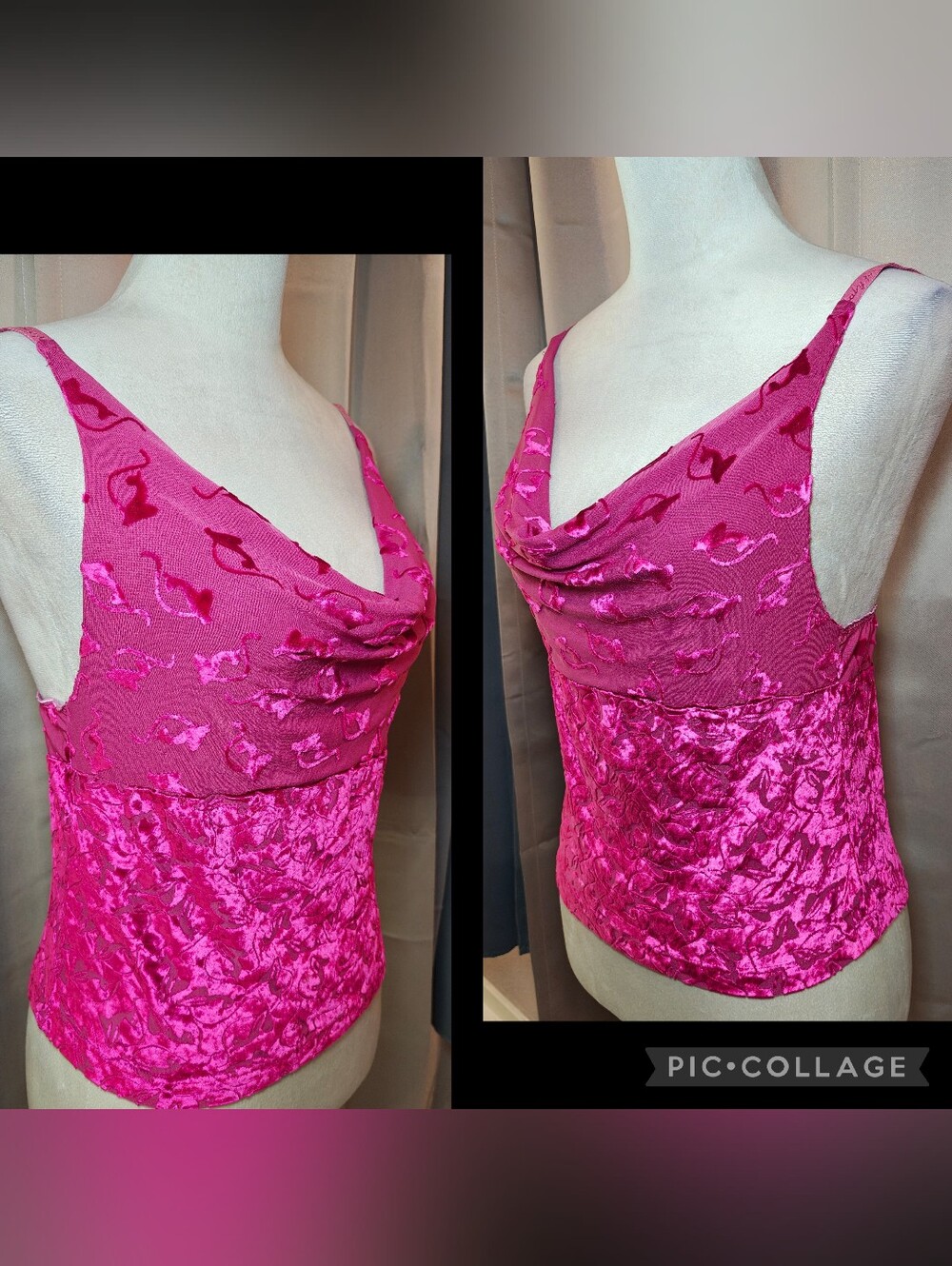 š„Y2K Baby Phat Hot Pink Crushed Velvet & Mesh Burnout Cowl Neck Cami Topš„ - Picture 3 of 7